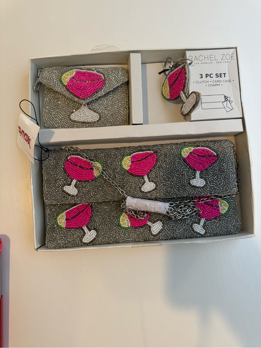 Rachel Zoe Silver Beaded Clutch Set with Pink Cocktail Appliqués